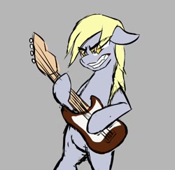 Size: 694x675 | Tagged: safe, artist:hovel, imported from derpibooru, derpy hooves, pegasus, pony, bipedal, electric guitar, floppy ears, gray background, guitar, hoof hold, musical instrument, simple background, sketch, solo