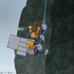 Size: 1000x1000 | Tagged: safe, artist:hiddelgreyk, imported from derpibooru, earth pony, pony, atg 2022, cliff, climbing, death stranding, exoskeleton, looking down, newbie artist training grounds, ponified, ponytail, rope, sam porter bridges, signature