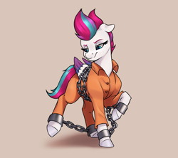 Size: 3600x3200 | Tagged: safe, artist:aquaticvibes, imported from derpibooru, zipp storm, pegasus, pony, bound wings, chained, chains, clothes, commission, cuffs, female, g5, mare, never doubt rainbowdash69's involvement, prison outfit, prisoner, shackles, solo, wings