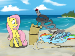 Size: 1600x1200 | Tagged: safe, artist:zukitri, imported from derpibooru, fluttershy, rainbow dash, pegasus, pony, beach, crash landing, flag, gritted teeth, jetpack, sand, sandcastle, surprised, teeth, water