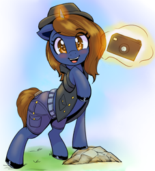 Size: 1090x1200 | Tagged: safe, artist:ahobobo, imported from derpibooru, oc, oc only, oc:mod-madclicker, pony, unicorn, belt, camera, clothes, denim, denim shorts, fedora, hat, jeans, pants, solo