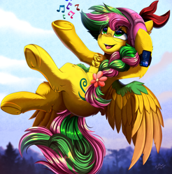 Size: 3450x3509 | Tagged: safe, artist:pridark, imported from derpibooru, oc, oc only, oc:biolachan breeze, pegasus, pony, butt, cellphone, chest fluff, colored wings, commission, female, flying, glasses, headphones, high res, mare, multicolored wings, music notes, open mouth, open smile, phone, plot, smartphone, smiling, solo, wings