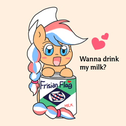 Size: 1024x1024 | Tagged: safe, alternate version, artist:foxy1219, imported from derpibooru, oc, oc only, oc:ember, oc:ember (hwcon), earth pony, pony, blush sticker, blushing, dutch, female, friesland, frisian flag, hearth's warming con, mare, mascot, milk, nation ponies, netherlands, orange background, out of context, ponified, simple background, solo