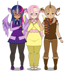 Size: 852x938 | Tagged: safe, artist:safiric, imported from derpibooru, fluttershy, twilight sparkle, oc, human, boots, clothes, glasses, horns, humanized, jacket, kisekae, pants, sandals, scarf, shirt, shoes, simple background, skirt, transparent background, wings