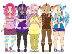 Size: 1024x768 | Tagged: safe, artist:safiric, imported from derpibooru, fluttershy, pinkie pie, rainbow dash, twilight sparkle, oc, human, boots, clothes, glasses, hoodie, horn, humanized, jacket, kisekae, pants, sandals, scarf, shirt, shoes, shorts, simple background, skirt, socks, striped socks, transparent background, wings