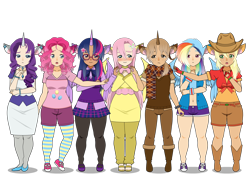 Size: 2000x1500 | Tagged: safe, artist:safiric, imported from derpibooru, applejack, fluttershy, pinkie pie, rainbow dash, rarity, twilight sparkle, oc, human, equestria girls, belt, boots, clothes, cowboy boots, cowboy hat, dress, glasses, hat, hoodie, horn, humane five, humane six, humanized, jacket, kisekae, pants, scarf, shirt, shoes, shorts, simple background, skirt, socks, striped socks, transparent background, wings