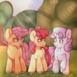 Size: 1275x1274 | Tagged: safe, artist:saltytangerine, imported from derpibooru, apple bloom, scootaloo, sweetie belle, earth pony, pegasus, unicorn, the return of harmony, anime, blank flank, bow, cutie mark crusaders, dictionary belle, fake screencap, female, filly, foal, group, hair bow, horn, raised hoof, redraw, scene interpretation, trio, wings