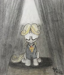 Size: 2637x3083 | Tagged: safe, artist:opti, imported from derpibooru, oc, oc only, oc:guiding light, unicorn, atg 2022, female, hopeless, newbie artist training grounds, sad, sitting, spotlight, traditional art