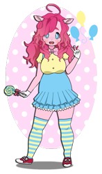 Size: 341x581 | Tagged: safe, artist:inu-kisekae, imported from derpibooru, pinkie pie, human, equestria girls, bowtie, candy, clothes, food, gloves, humanized, kisekae, lollipop, shirt, shoes, simple background, skirt, socks, solo, striped socks, transparent background