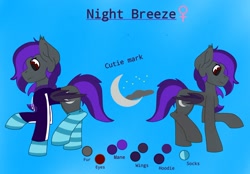 Size: 2048x1427 | Tagged: artist needed, safe, imported from derpibooru, oc, oc only, oc:night breeze, bat pony, pony, bat pony oc, blue background, clothes, cute, cute little fangs, cutie mark, fangs, female, hoodie, mare, purple mane, reference sheet, simple background, smiling, socks, striped socks