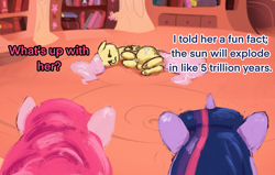 Size: 2732x1735 | Tagged: safe, artist:phutashi, imported from derpibooru, fluttershy, pinkie pie, twilight sparkle, earth pony, pegasus, pony, unicorn, atg 2022, dialogue, female, fetal position, floppy ears, frown, golden oaks library, lying down, mare, newbie artist training grounds, on side, traumatized, trio