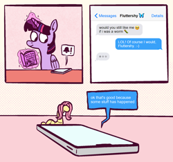 Size: 1742x1637 | Tagged: safe, artist:horsewizardart, imported from derpibooru, fluttershy, twilight sparkle, alicorn, pony, worm, 2022, book, cellphone, comic, cute, dialogue, duo, featured image, female, flutterworm, funny, g4, implied transformation, levitation, magic, mare, phone, pictogram, shyabetes, smartphone, smiling, species swap, telekinesis, texting, twiabetes, twilight sparkle (alicorn), wat