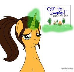 Size: 1922x1849 | Tagged: safe, artist:lynnthenerdkitty, imported from derpibooru, oc, oc only, oc:brooke, pony, unicorn, announcement, campfire, ponysona, simple background, solo, tent, transparent background, tree