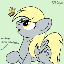 Size: 2000x2000 | Tagged: safe, artist:dafiltafish, imported from derpibooru, derpy hooves, butterfly, pegasus, pony, atg 2022, cute, derpabetes, green background, implied rainbow dash, looking at something, newbie artist training grounds, raised hoof, simple background, solo, underp