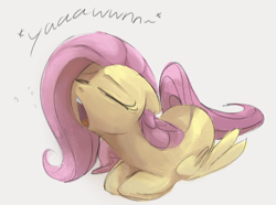 Size: 864x642 | Tagged: safe, artist:dotkwa, imported from derpibooru, fluttershy, pegasus, pony, cute, daaaaaaaaaaaw, eyes closed, female, floppy ears, lying, lying down, mare, open mouth, ponyloaf, prone, shyabetes, simple background, sleepy, solo, white background, yawn