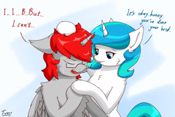 Size: 1800x1200 | Tagged: safe, artist:tx547, imported from derpibooru, oc, oc only, oc:ericken, oc:time slowly, alicorn, pony, unicorn, alicorn oc, comforting, crying, dialogue, duo, ericly, eyes closed, glasses, horn, signature, unicorn oc, wings