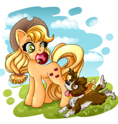 Size: 2000x2100 | Tagged: safe, artist:aalwa, imported from derpibooru, applejack, winona, dog, earth pony, pony, apple, cute, duo, duo female, female, fetch, food, high res, jackabetes, mare, mouth hold, tongue out, winonabetes