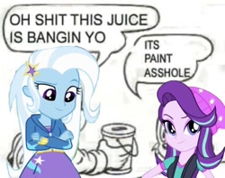 Size: 828x654 | Tagged: safe, imported from derpibooru, starlight glimmer, trixie, human, equestria girls, dialogue, female, paint, speech bubble, text, vulgar