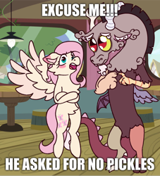 Size: 540x594 | Tagged: safe, artist:astralix13, imported from derpibooru, discord, fluttershy, draconequus, pegasus, pony, asked for no pickles, colored eartips, crossed arms, cute, discute, duo, duo male and female, ear fluff, female, fingers together, fluffy, implied discoshy, implied shipping, implied straight, male, mare, meme, spread wings, talking, text, wings
