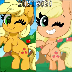 Size: 1080x1080 | Tagged: safe, artist:kittyrosie, imported from derpibooru, applejack, earth pony, pony, 2020, 2021, apple, applejack's hat, blushing, comparison, cowboy hat, cute, female, food, grin, hat, jackabetes, mare, old art, one eye closed, redraw, smiling, solo, tree, wink