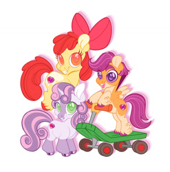 Size: 1280x1294 | Tagged: safe, artist:viodacreator, imported from derpibooru, apple bloom, scootaloo, sweetie belle, earth pony, pegasus, pony, unicorn, alternate design, bipedal, bipedal leaning, blaze (coat marking), bow, coat markings, colored hooves, colored pupils, cutie mark crusaders, eyebrows, facial markings, feathered fetlocks, female, filly, foal, grin, hair bow, horn, leaning, looking at you, scooter, simple background, smiling, smiling at you, socks (coat markings), the cmc's cutie marks, trio, white background, wings