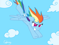 Size: 1024x784 | Tagged: safe, artist:thebrokencog, imported from derpibooru, rainbow dash, pegasus, pony, cloud, daytime, female, flying, grin, mare, signature, simple background, sky, smiling, solo, spread wings, wings