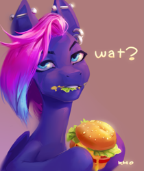 Size: 1609x1920 | Tagged: safe, artist:khvorost162, imported from derpibooru, oc, oc only, pony, burger, ear piercing, eating, female, food, hay burger, herbivore, industrial piercing, piercing, solo