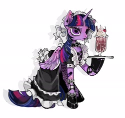 Size: 2048x1940 | Tagged: safe, artist:amatou_akuma, imported from derpibooru, twilight sparkle, alicorn, clothes, goth, holding, horn, maid, maidlight sparkle, shoes, simple background, smoothie, solo, twilight sparkle (alicorn), unamused, waitress, white background, wings