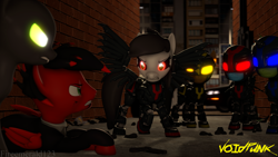 Size: 3840x2160 | Tagged: safe, artist:fireemerald123, imported from derpibooru, oc, oc only, oc:page feather, oc:voice, cyborg, earth pony, pegasus, unicorn, 3d, alley, blood, car, glowing, glowing eyes, gun, handgun, night, revolver, source filmmaker, void entity, voidpunk