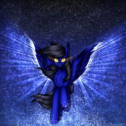 Size: 1000x1000 | Tagged: safe, artist:darklight1315, imported from derpibooru, oc, oc only, oc:night, pegasus, pony, fallout equestria, chest fluff, ear fluff, eyebrows, fallout equestria: dark delirium, glowing, glowing eyes, grin, pegasus oc, running, smiling, solo, space, spread wings, stars, wings