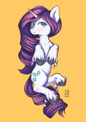 Size: 2480x3508 | Tagged: safe, artist:ardilya, imported from derpibooru, rarity, unicorn, blushing, covering, digital art, female, looking at you, lying down, mare, on back, simple background, solo, unshorn fetlocks, yellow background
