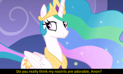 Size: 1920x1162 | Tagged: safe, imported from derpibooru, screencap, princess celestia, alicorn, pony, horse play, season 8, spoiler:s08, beautiful, best pony, bronybait, caption, crown, cute, female, folded wings, implied anon, jewelry, mare, meta, necklace, question, regalia, smiling, solo, text, wings