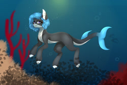 Size: 1280x861 | Tagged: safe, artist:bubbastudios, imported from derpibooru, oc, oc only, fish, hybrid, merpony, original species, shark, shark pony, blue mane, bubble, coral, digital art, dorsal fin, fangs, female, fins, fish tail, flowing mane, flowing tail, looking at you, mare, ocean, purple eyes, smiling, smiling at you, solo, swimming, tail, underwater, water