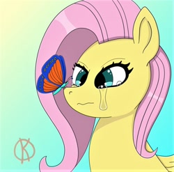 Size: 980x970 | Tagged: safe, artist:kpapwiss, imported from derpibooru, fluttershy, butterfly, pegasus, pony, bust, butterfly on nose, crying, insect on nose, portrait, simple background, solo