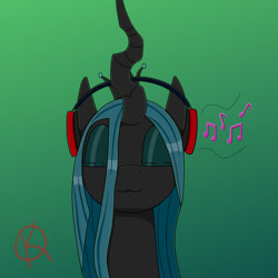 Size: 1000x1000 | Tagged: source needed, safe, artist:kpapwiss, imported from derpibooru, queen chrysalis, changeling, changeling queen, bust, eyes closed, female, headphones, portrait, simple background, solo