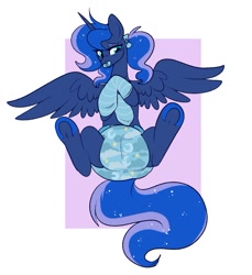 Size: 909x993 | Tagged: safe, artist:lavenderkatze, imported from derpibooru, princess luna, alicorn, pony, abdl, clothes, diaper, diaper fetish, fetish, non-baby in diaper, pacifier, poofy diaper, simple background, socks, solo