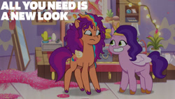 Size: 1280x720 | Tagged: safe, edit, edited screencap, editor:quoterific, imported from derpibooru, screencap, pipp petals, sunny starscout, pegasus, pony, spoiler:g5, spoiler:my little pony: tell your tale, spoiler:tyts01e14, alicorn issues, artificial wings, augmented, duo, female, g5, glitter, grin, magic, magic wings, mare, messy mane, my little pony: tell your tale, pegasus sunny starscout, race swap, smiling, text, wings