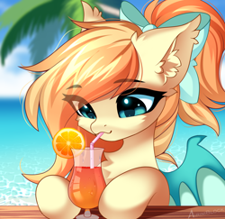 Size: 2342x2272 | Tagged: safe, artist:airiniblock, imported from derpibooru, oc, oc only, oc:sunshine drift, bat pony, pony, alcohol, bat wings, beach, bow, chest fluff, cocktail, commission, drink, drinking straw, ear fluff, eye clipping through hair, female, food, hair bow, hair over one eye, icon, mare, ocean, orange, palm tree, smiling, solo, tree, water, wings, ych result