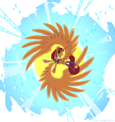 Size: 1280x1357 | Tagged: safe, artist:house-of-tykayl, imported from derpibooru, alicorn, pony, boots, cloud, dc comics, female, flying, mare, open mouth, ponified, shoes, solo, sparkles, starfire, sun, teen titans, wings