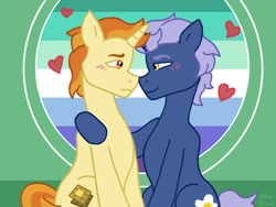 Size: 1600x1200 | Tagged: safe, artist:lotusflare, imported from derpibooru, golden crust, pony, unicorn, arm around back, background pony, blushing, boop, cute, eye contact, friendship student, gay, gay pride flag, goldensnack, happy, heart, looking at each other, looking at someone, love, male, midnight snack (g4), noseboop, pride, pride flag, shipping, smiling, smiling at each other, stallion, stallion on stallion, super gay, tail, two toned mane, vincian pride flag