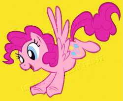 Size: 637x519 | Tagged: safe, artist:lauren faust, edit, imported from derpibooru, pinkie pie, pegasus, concept art, female, mare, needs more jpeg, pegasus pinkie pie, race swap, simple background, smiling, spread wings, watermark, what could have been, wings, yellow background