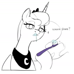 Size: 1847x1847 | Tagged: safe, artist:cadillac-dynamite, imported from derpibooru, princess luna, alicorn, pony, dialogue, lidded eyes, looking at you, sketch, solo, toothbrush