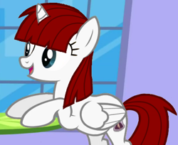 Size: 453x369 | Tagged: safe, edit, edited screencap, imported from derpibooru, screencap, oc, oc only, oc:fausticorn, alicorn, pony, a canterlot wedding, season 2, canterlot, female, horn, lauren faust, mare, smiling, table, window, wings, younger