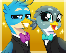 Size: 2450x2000 | Tagged: safe, artist:whitequartztheartist, imported from derpibooru, gabby, gallus, griffon, bowtie, clothes, duo, simple background, tuxedo