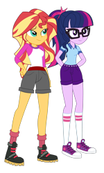 Size: 2351x3925 | Tagged: safe, artist:gmaplay, imported from derpibooru, sci-twi, sunset shimmer, twilight sparkle, human, equestria girls, legend of everfree, boots, camp everfree outfits, clothes, converse, denim, denim shorts, duo, duo female, female, front view, glasses, hand on hip, hands behind back, happy, jumper, long hair, multicolored hair, ponytail, purple eyes, purple skin, red socks, shirt, shoes, shorts, simple background, smiling, sneakers, standing, t-shirt, teenager, tomboy, transparent background, turquoise eyes, two toned hair