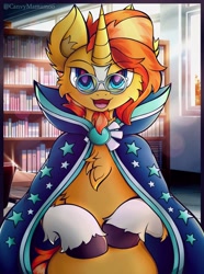 Size: 3053x4096 | Tagged: safe, artist:canvymamamoo, imported from derpibooru, sunburst, pony, unicorn, bookshelf, chest fluff, cloak, clothes, coat markings, cute, ear fluff, glasses, happy, lidded eyes, looking at you, male, open mouth, smiling, socks (coat markings), solo, stallion, sunbetes, sunburst's cloak, unshorn fetlocks