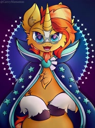 Size: 3053x4096 | Tagged: safe, alternate version, artist:canvymamamoo, imported from derpibooru, sunburst, pony, unicorn, abstract background, chest fluff, cloak, clothes, coat markings, cute, ear fluff, glasses, happy, horn, looking at you, male, open mouth, smiling, socks (coat markings), solo, stallion, sunbetes, sunburst's cloak, unshorn fetlocks