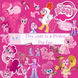 Size: 1080x1080 | Tagged: safe, editor:twenty.one.dolls, imported from derpibooru, pinkie pie, pinkie pie (g3), earth pony, human, pony, seapony (g4), equestria girls, my little pony: the movie, accordion, animal costume, banjo, best pony, best pony logo, chicken pie, chicken suit, clothes, costume, cotton candy, cute, diapinkes, encasement, g3, g3.5, g4.5, harmonica, hat, heart shaped, logo, looking at you, magenta background, multeity, musical instrument, party hat, party horn, pixel art, rainbow power, seaponified, seapony pinkie pie, smiling, species swap, sticker, too much pink energy is dangerous, toy, trophy, tuba