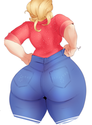 Size: 1327x1817 | Tagged: safe, artist:sundown, imported from derpibooru, applejack, human, equestria girls, applebucking thighs, applebutt, ass, butt, clothes, cropped, denim, female, humanized, jacqueline applebuck, jeans, large butt, pants, panty line, solo, the ass was fat, thighs, thunder thighs