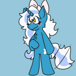 Size: 500x500 | Tagged: safe, artist:crayoncreature, imported from derpibooru, oc, oc:fleurbelle, pony, semi-anthro, animated, blue background, blushing, bow, chest fluff, female, gif, hair bow, mare, simple background, smiling, solo, tail, tail wag